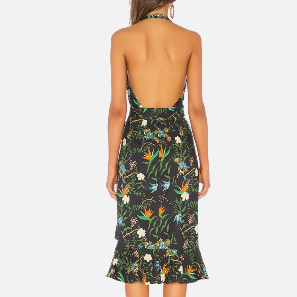 LPA Revolve Tropical Paradise Printed Linen Halter High Low Ruffle Dress Size S - Picture 2 of 9